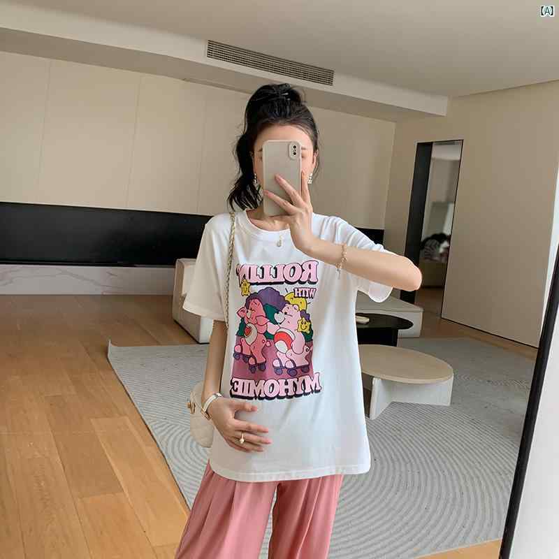 韓国　韓国 マタニティ マタニティー レディース 着い ウェア プーさん 恋人 サマー ラウンネック Tシャツ サマー テンセル パンツ 2点 セット