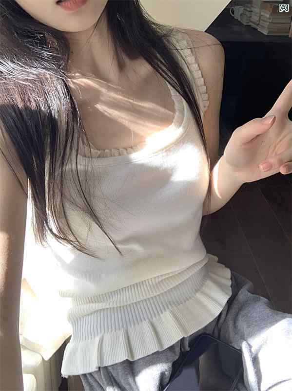 レディース ファッション 春夏 秋 韓国 韓国 かわいい 綺麗 欧州風 風 レディース 大人 おしゃれ 白い キノコ エッジ フレンチ ニット キャミソール 年 スリム フィット ボトム ノースリーブ トップ