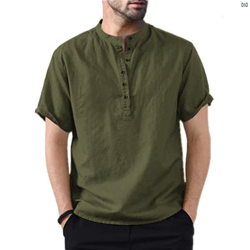 夏 メンズ たり カジュアル プルオーバー 半袖 シャツ カラー マルチ ボタン ヘンリー スタンドカラー 無地 服