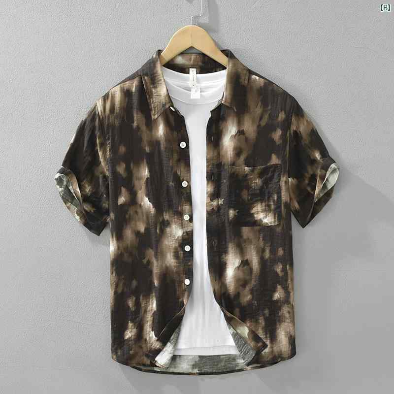 レトロ インク 絞り染め プリント リネン 半袖 シャツ メンズ サマー コットン リネンシャツ インチ