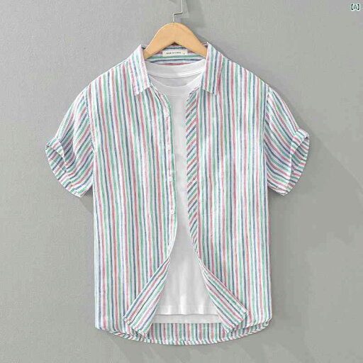 夏 活躍 メンズ 高級 ストライプ リネン 半袖 シャツ コントラスト カジュアル 小柄め フレッシュ 夏 活躍 メンズ 高級 ストライプ リネン 半袖 シャツ コントラスト カジュアル 小柄め フレッシュ