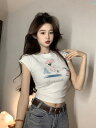 レディース レディース ファッション 韓国 韓国 ヨーロピアン 海外風 おしゃれ かわいい 綺麗 大人 夏 プリント 半袖 T シャツ スリム ショート トップス シック(4)