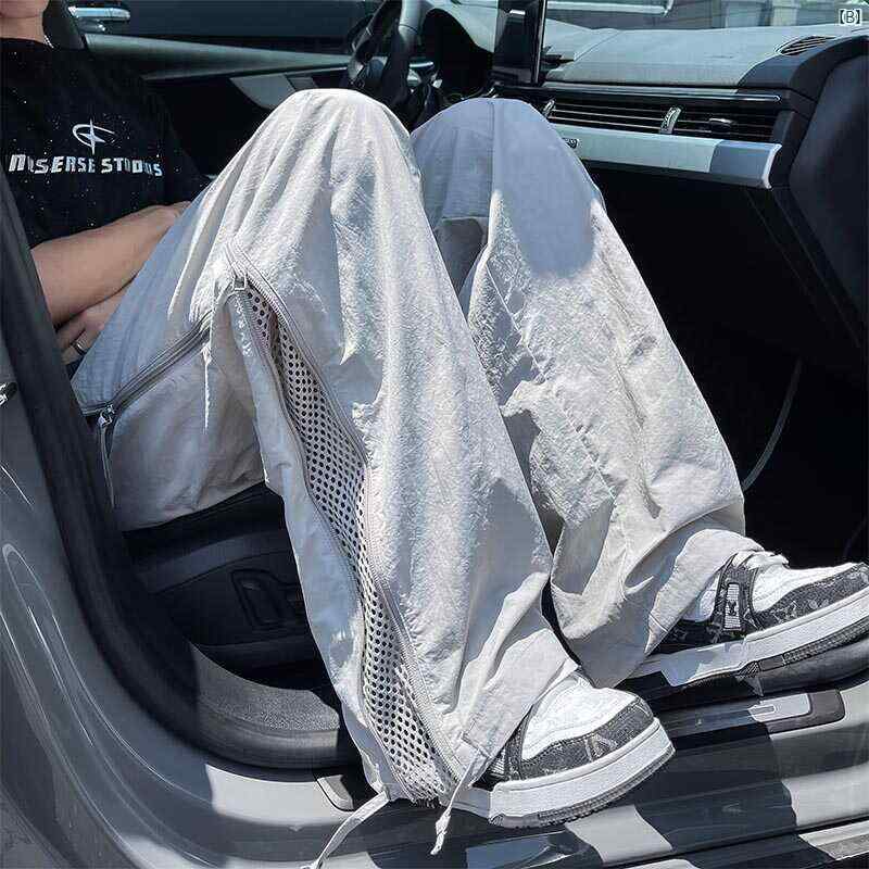 メンズ　男性　ファッション　コーデ 夏 薄型 サイド ジッパー メッシュ カジュアル パンツ 男性 ストレート スポーツ ストリート アメリカン レトロ 学生