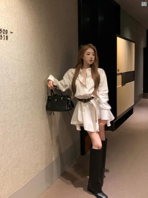 レディース ファッション おしゃれ 韓国 韓国ファッション 海外風 海外ファッション かわいい きれい クール 白い 不規則 長袖 ドレス 夏 スタイリッシュ スリム シャツ スカート