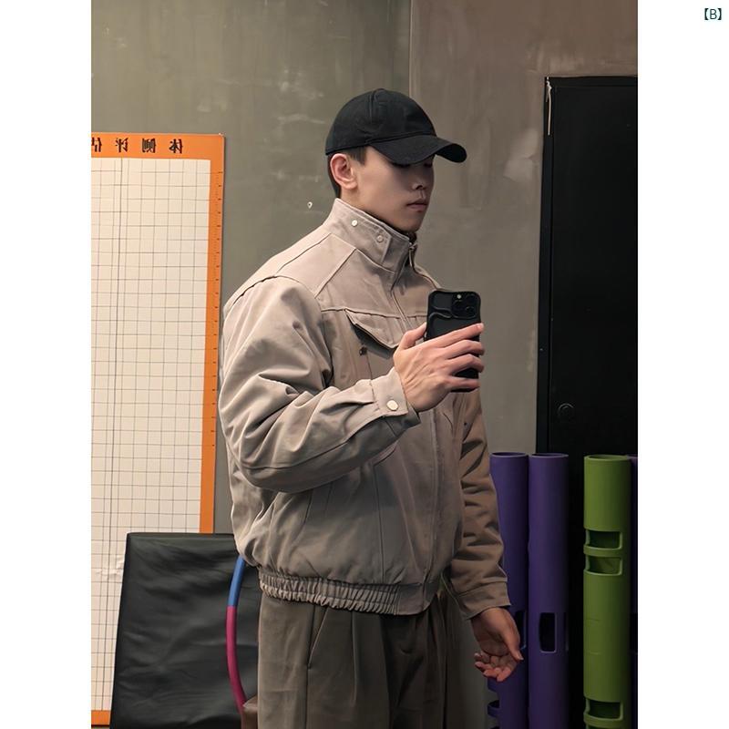 メンズ　ファッション　コーデ ヴィンテージ デトロイト ワークウェア ジャケット メンズ 秋冬 裏起毛 スタンドカラー アメリカン レトロ マウンテン パイソン