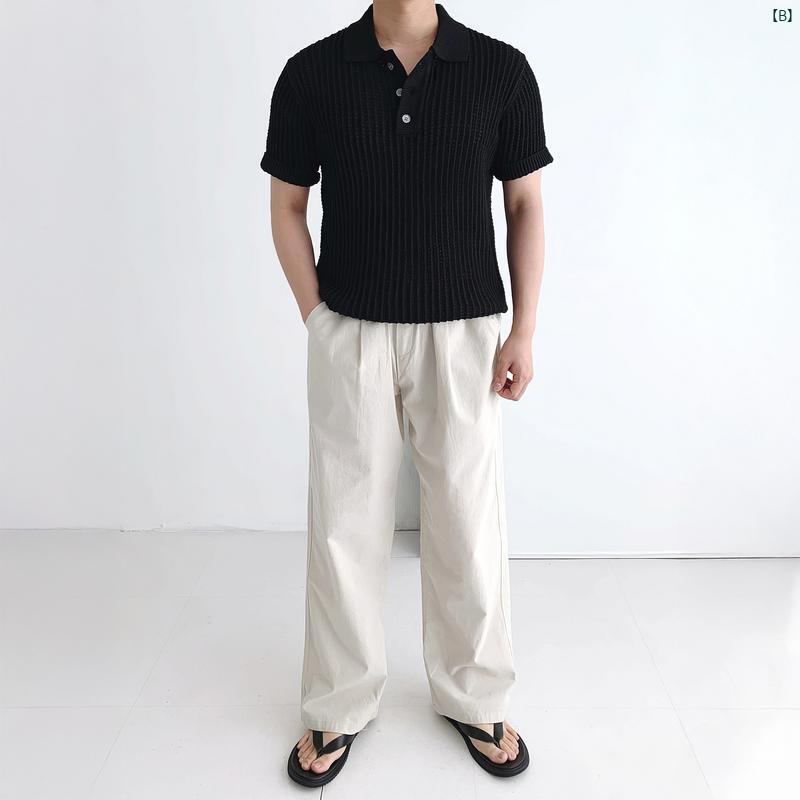 メンズ　ファッション　韓国ファッション　オシャレ　コーデ メッシュ 半袖 ニット Tシャツ メンズ 夏 アメリカン レトロ ポロシャツ 通気性 シンプル トップス