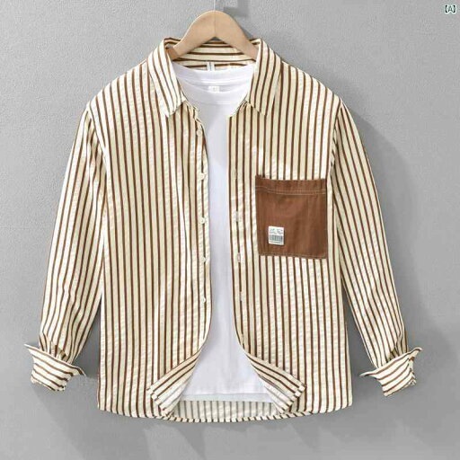 小柄 フレッシュ 配色 ポケット ストライプシャツ メンズ 長袖 文学 服 春秋 シャツ ジャケット 小柄 フレッシュ 配色 ポケット ストライプシャツ メンズ 長袖 文学 服 春秋 シャツ ジャケット