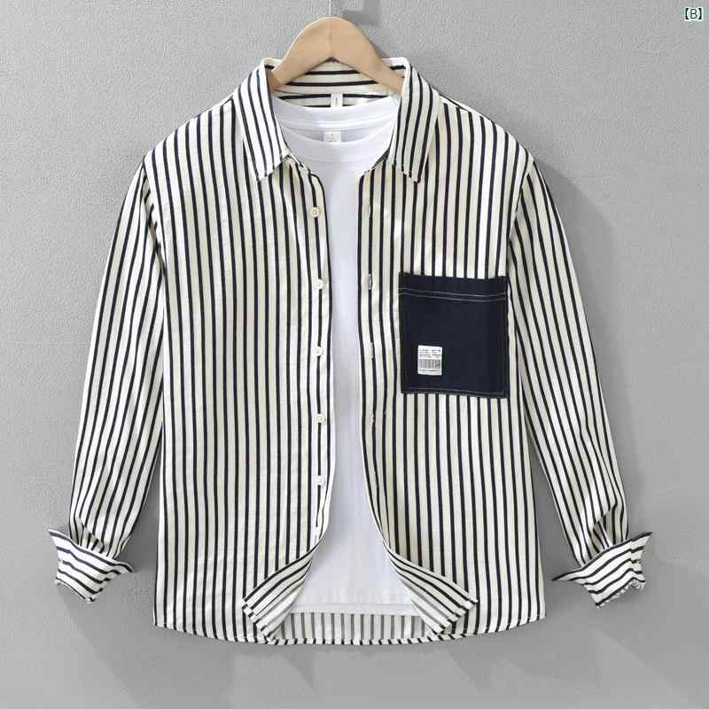 小柄 フレッシュ 配色 ポケット ストライプシャツ メンズ 長袖 文学 服 春秋 シャツ ジャケット