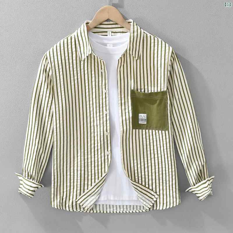 小柄 フレッシュ 配色 ポケット ストライプシャツ メンズ 長袖 文学 服 春秋 シャツ ジャケット