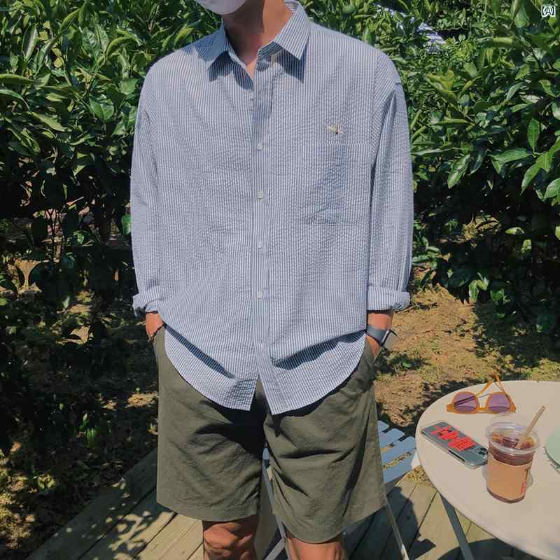 メンズ　韓国ファッション　男性　クール　かっこいい ストライプ 長袖 シャツ 夏 韓国 刺繍 日焼け防止 ジャケット