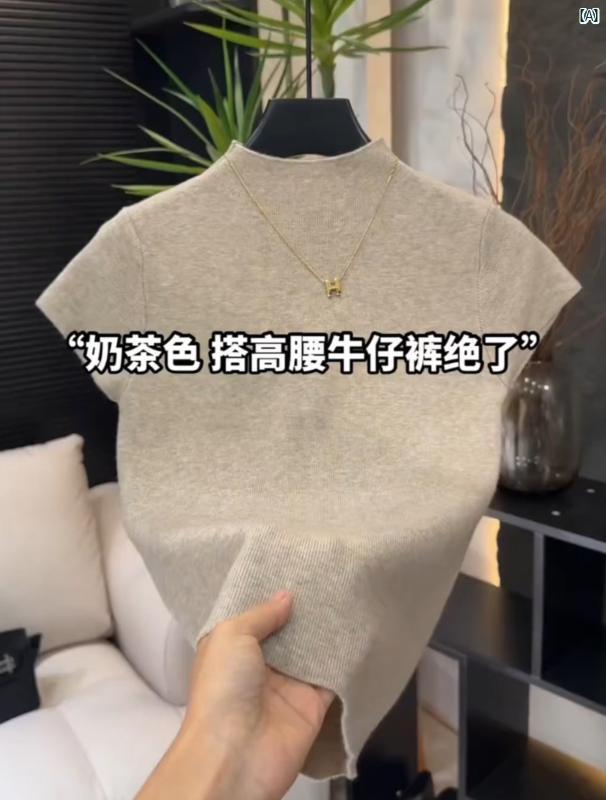 スリム 小 フライング スリーブ ハーフ タートルネックニット セーター Tシャツ レディース 韓国 2025新 インナートップ