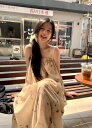 レディース レディース ファッション 韓国 韓国ファッション　おしゃれ インク プリント ドレス 夏 カジュアル ドレープ サスペンダー ロング スカート