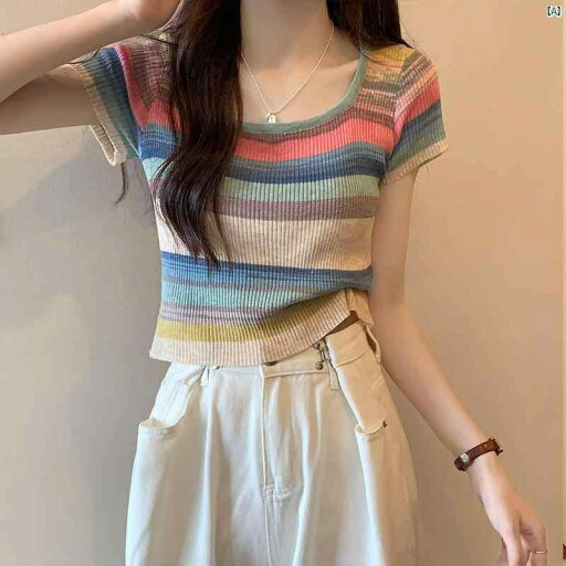 レインボーストライプ スクエアネック 半袖 Tシャツ レディース 夏 薄手 冷感 ニット ショート トップ レインボーストライプ スクエアネック 半袖 Tシャツ レディース 夏 薄手 冷感 ニット ショート トップ