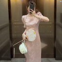 レディース ファッション おしゃれ ヨーロピアン 海外風 中華風 チャイナ ドレス スクエアネック ピンク 夏 ハイエンド スリット ウエスト スカート(4)