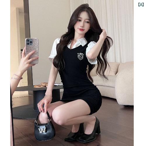 レディース レディース ファッション 韓国 韓国 Y2K アンカー フォトジェニック 服 セクシー ポロ 襟 カラーマッチング フェイク 2点 ヒップ タイト ドレス レディース レディース ファッション 韓国 韓国 Y2K アンカー フォトジェニック 服 セクシー ポロ 襟 カラーマッチング フェイク 2点 ヒップ タイト ドレス