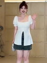 レディース 大きめ ぽっちゃり 大きいサイズ フレンチスクエア ネック フロントスリット 半袖 シャツ 夏 スリム 見え ユニーク 美しい 小柄 トップス(4)