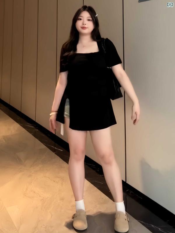 レディース 大きめサイズ ぽっちゃり 大きめファッション 夏 少し 大きいサイズ フレンチ スリット スクエアネック 半袖 Tシャツ スリム シック 美しい 小柄 い トップス