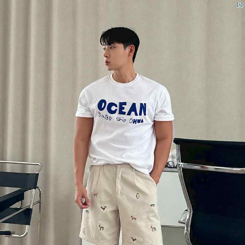 メンズ　韓国　ファッション　おしゃれ　海外ファッション 男性用 ホワイト ラウンドネック 半袖 Tシャツ 夏 韓国 シック 立体 文字 プリント