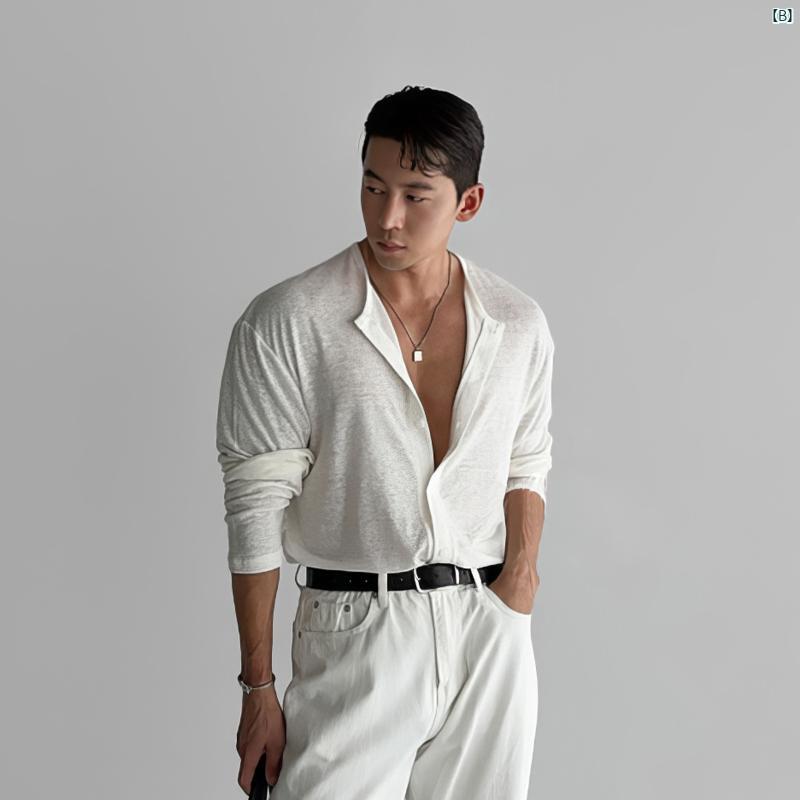 メンズ　韓国　ファッション　おしゃれ　海外ファッション 丸首 薄手 カーディガン 長袖 Tシャツ メンズ 春夏 アメリカン ライト 大人 風 雰囲気 シンプル 微 透け トップス