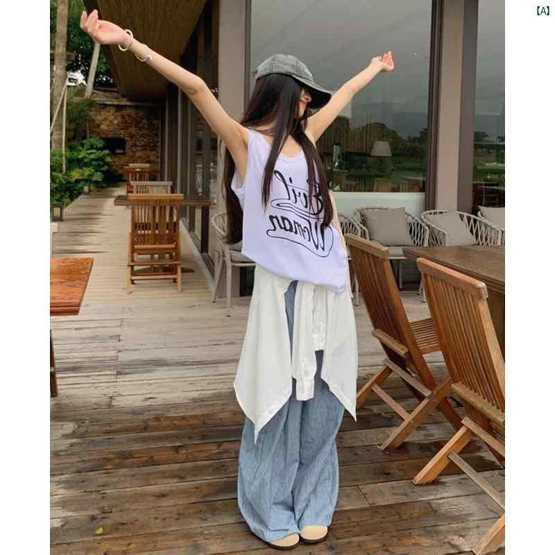 レター プリント ミドル丈 ノースリーブ Tシャツ レディース 夏 ファッション カジュアル ハイウエスト ワイド レッグ パンツ 2点セット