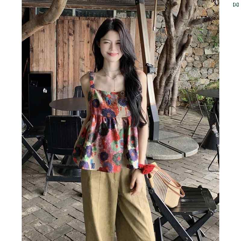 レトロ 抽象 花柄 ノースリーブ キャミソール レディース 夏 カジュアル トップ