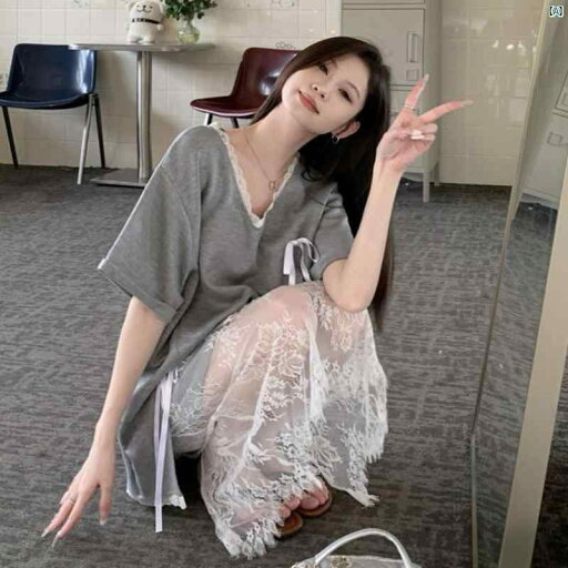 韓国 ボウ レース Vネック Tシャツ レディース 夏 トリム ストレート スカート 2点セット 韓国 ボウ レース Vネック Tシャツ レディース 夏 トリム ストレート スカート 2点セット