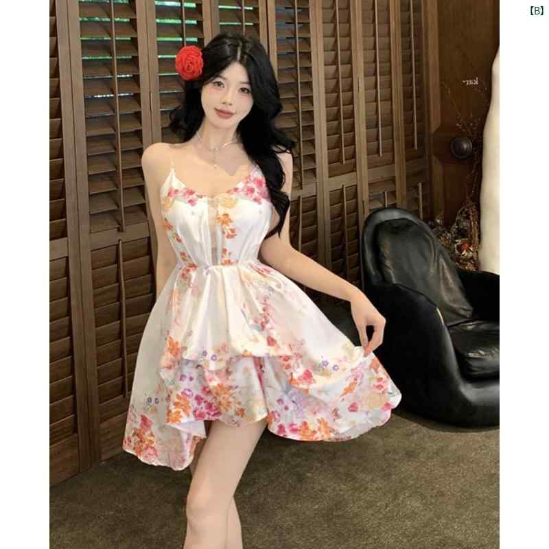 フランス 魅惑的 フラワープリント サスペンダー ドレス レディース 夏 ウエスト Aラインイン イン ロング スカート