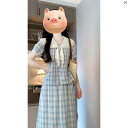 レディース ファッション おしゃれ 海外 海外風 かわいい フレンチ スイート レース エッジ ブルー チェック柄 ドレス 夏 小柄 フレッシュ カレッジ ロング スカート セットアップ可能(4)
