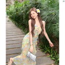 レディース ファッション おしゃれ 海外 海外風 かわいい フランス 海辺 リゾート ティーブレイク 油絵 咲く サスペンダー ドレス 夏 フリル シフォン ロング スカート