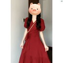 レディース ファッション おしゃれ 海外 海外風 かわいい 夏 フランス レッド パフスリーブ Vネック ドレス ウエスト 締める スリムフィット ハイエンド ロング スカート(4)