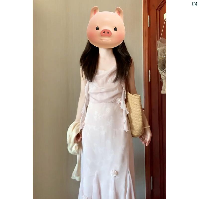 レディース　ファッション　おしゃれ　海外　海外風　かわいい フレンチ ジェントル 小柄 フライング スリーブ スイング カラー フリル サスペンダー ドレス 夏 ウエスト スリム ロング