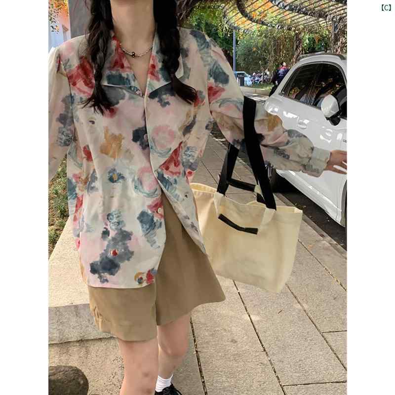 レディース　ファッション　おしゃれ　海外　海外風　かわいい レトロ 絞り染め プリント 日焼け防止 長袖 花柄 シャツ 夏 カジュアル ポロ カラー ジャケット