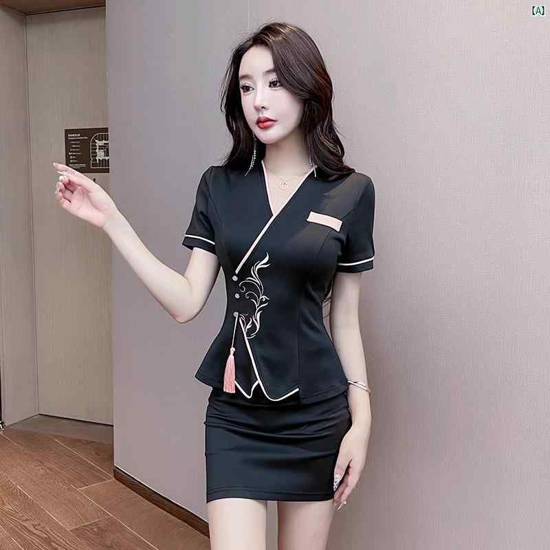 レディース　レディース　レディース仕事着 フットマッサージ 技師 服 ショート スカート 2点セット 耳 かき 健康 美容室 マッサージ 師 オーバー オール パンツ スーツ