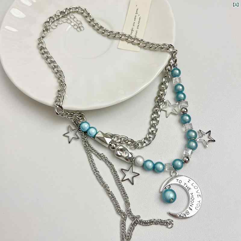 Y2K ファッション　2000 星 月 タッセル 二層 ビーズ チェーン ネックレス レディース 鎖骨 ホット ハイエンド
