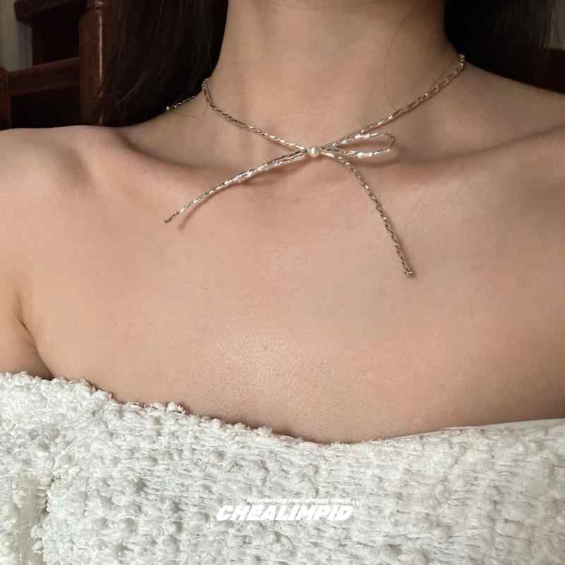 Y2K ファッション　2000代 CHEALIMPID リボン ブロークン シルバー 鎖骨 チェーン フレッシュ ガール ハイエンド キュート ネックレス