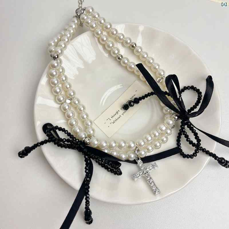 Y2K ファッション　2000 パール 象嵌 クロス ネックレス レディース チョーカー ライト 高級 ハイエンド