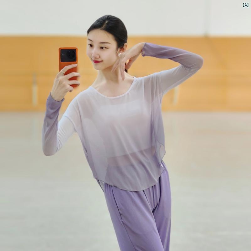 クラシック ダンス グラデーションメッシュ トップ オーバー サイズ ドロップ ショルダー 長袖 モダン 練習 服 レディース エレガント 中国