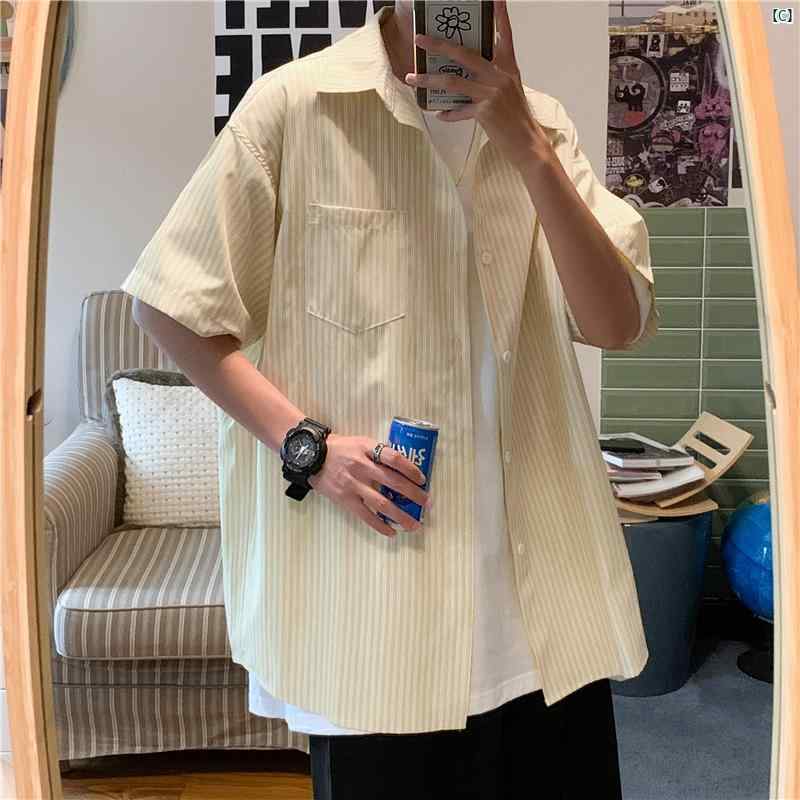 夏用 縦縞 七分袖 シャツ 爽か シック 風 男子 学生用 ゆったり 半袖