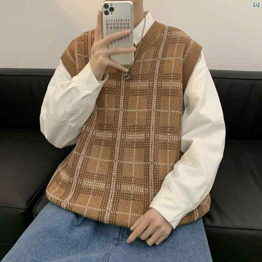 春秋 男性用 ニット ベスト チェッカーボード セーター 付き Vネックノースリーブ ジャケット 春秋 男性用 ニット ベスト チェッカーボード セーター 付き Vネックノースリーブ ジャケット