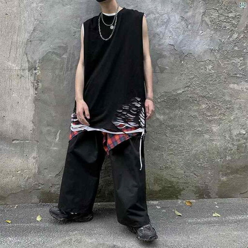 ストリート デストロイヤー ナイフ カット フォーク ベスト ヒップ ホップ 喪 穴 ベストノースリーブ Tシャツ 無地 インナーウェア 男性用 ストリート デストロイヤー ナイフ カット フォーク ベスト ヒップ ホップ 喪 穴 ベストノースリーブ Tシャツ 無地 インナーウェア 男性用