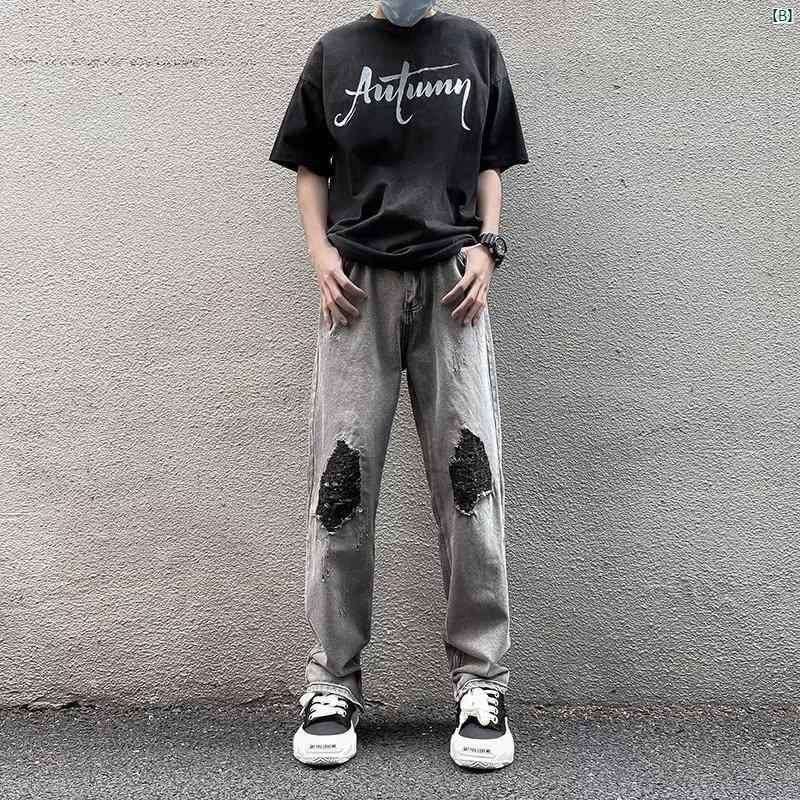 春秋 新 唐 リップ ジーンズ メンズ スリムフィット 小柄 い 足 アメリカ ストリート 雰囲気 パンツ アメリカン スリット ブーツ カット