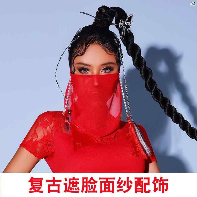 レトロ パフォーマンス 衣装 ベール レッド 中華風 頭飾り 顔覆う タッセル アクセサリー 民族 ダンス レディース