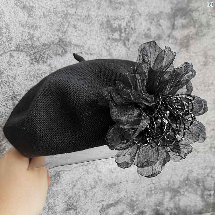 春夏 織り ベレー 帽 高貴 メッシュ 大きい 花 クリスタル ビーズ タッセル 薄手 通気性 無地 レディース 画家帽子
