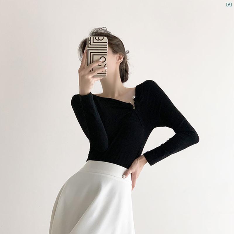 レディース　ファッション　上品　大人　海外ファッション　 秋冬 フランス 高級 ボトムス レディーストップス スリムフィット 鎖骨 露出 長袖 T シャ ツー す