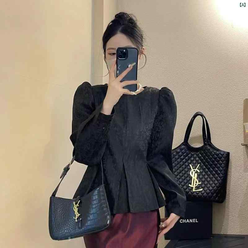 レディース　ファッション　おしゃれ　海外　大人　上品　かわいい 中華風 ジャカード シャツ 春秋 ハイエンド パフスリーブシャツ ウエスト スリム トップ