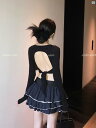 レディース ファッション おしゃれ 韓国 海外ファッション 上品 おしゃれ スタイリッシュ ガール 魅惑的 背中 開いた ストラップ Tシャツ 夏 新 シック スリム ショート 長袖 トップ