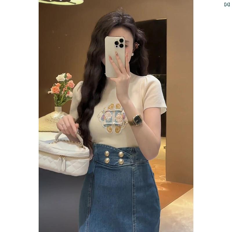 レディース　ファッション　おしゃれ　海外　海外風　夏　春　秋　上品　レディースファッション 丸顔 秋 中華風 刺繍 ハーフ タートルネック 半袖 Tシャツ レディース 夏 ファッション 快適 トップ