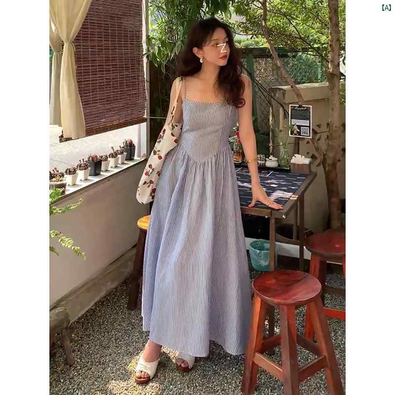 レディース レディース ファッション 海外 海外ファッション 綺麗 おしゃれ ワイン作り ブルース テンセル リネン ブルー ホワイトストライプ サスペンダー ドレス 夏 通勤 ロング スカート