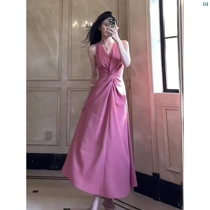 レディース レディース ファッション 海外 海外ファッション 綺麗 おしゃれ Luoluozi 桃園 老人 ハイエンド ノースリーブ Vネック ウエスト ドレス 夏 スリム 通勤 ロング スカート