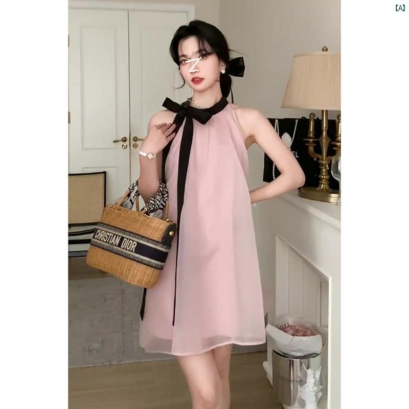 レディース レディース ファッション 海外 海外ファッション 綺麗 おしゃれ フレンチ ジェントル リボン ノースリーブ メッシュ ホルター スカート 夏 削減 ドレス